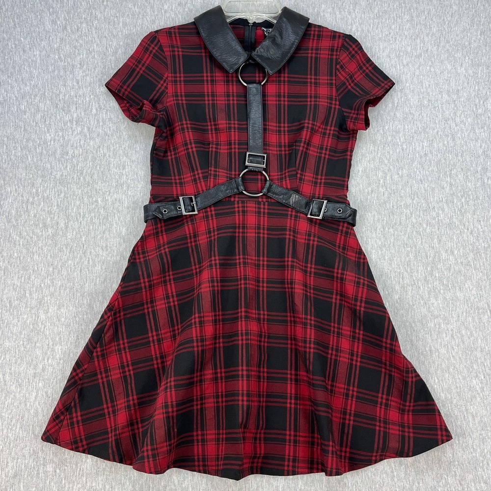 Killstar Disgrace Skater Dress Womens L Red Tartan Plaid Black Harness Goth